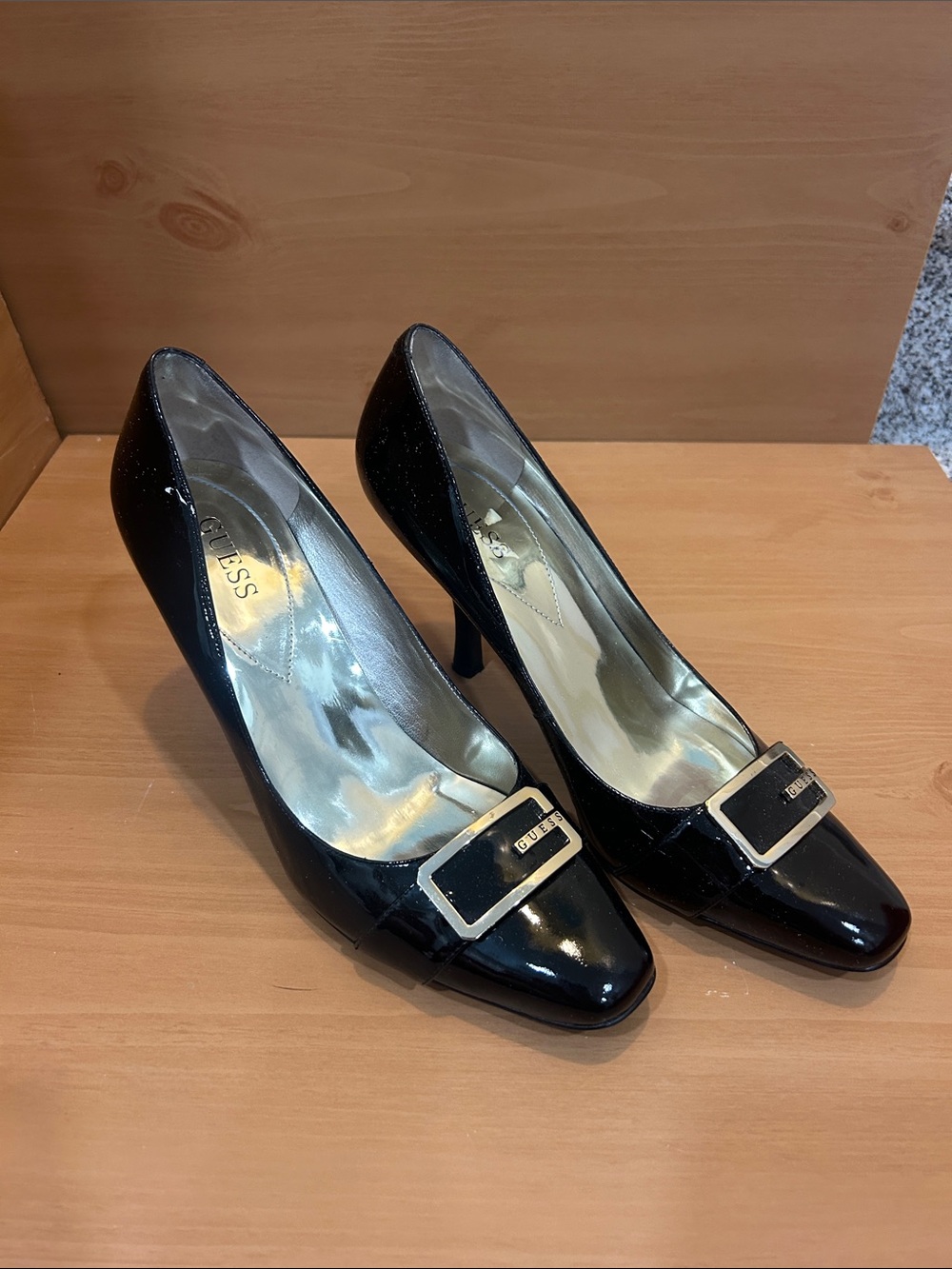 GUESS Black Patent Leather Heels with Gold Buckle